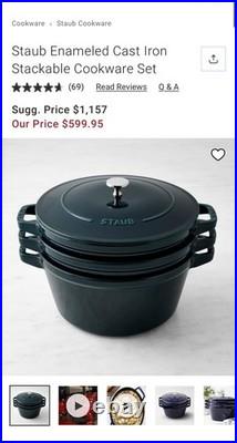 Staub Enameled Cast Iron 4-Piece Stackable Cookware Set La Mer BRAND NEW SEE Staub Enameled Cast Iron 4-Piece Stackable Cookware Set La Mer BRAND NEW SEE