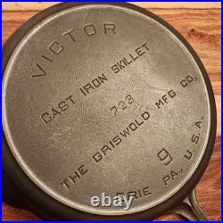 The Griswold MFG Co. Fully Marked Victor Cast Iron Skillet #9, 723, EPU