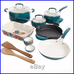 The Pioneer Woman 17 Piece Cookware SET Cast Iron Skillet Pan Dutch Oven Teal