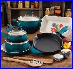 The Pioneer Woman 17 Piece Cookware SET Cast Iron Skillet Pan Dutch Oven Teal