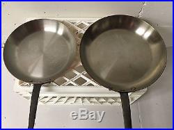 Two Mauviel copper fry pans (10 and 12). Stainless lined. Cast iron handles