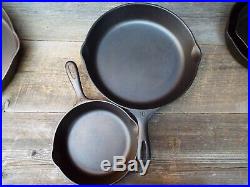 Unmarked Wagner 6 PC Cast Iron Skillet Set, #'s 12, 10, 8, 6, 5, & 3, restored