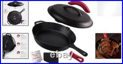 Versatile 12'' Pre-Seasoned Cast Iron Frying Pan with Silicone Handle Holders
