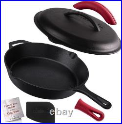 Versatile 12'' Pre-Seasoned Cast Iron Frying Pan with Silicone Handle Holders