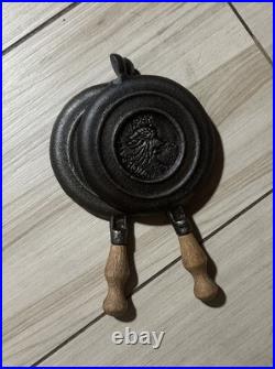 Very Rare Wapak Indian Head Medallion Mini Cast Iron Waffle Maker Antique