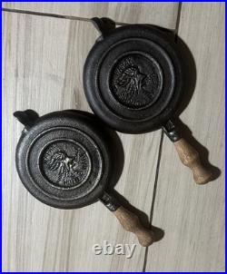 Very Rare Wapak Indian Head Medallion Mini Cast Iron Waffle Maker Antique