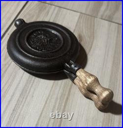Very Rare Wapak Indian Head Medallion Mini Cast Iron Waffle Maker Antique