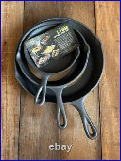 Vintage 3-Notch Lodge 3 PC set of Cast Iron Skillets #3, #5, #8 NOS NEVER USED