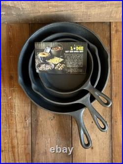 Vintage 3-Notch Lodge 3 PC set of Cast Iron Skillets #3, #5, #8 NOS NEVER USED