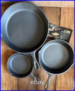 Vintage 3-Notch Lodge 3 PC set of Cast Iron Skillets #3, #5, #8 NOS NEVER USED