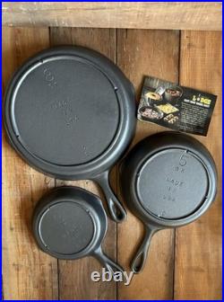 Vintage 3-Notch Lodge 3 PC set of Cast Iron Skillets #3, #5, #8 NOS NEVER USED