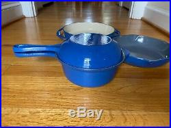 Vintage 4 pc Le Creuset Cast Iron #18 Saucepan W Skillet Lid #23 Skillet Blue