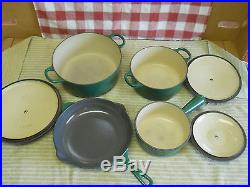 Vintage 7pc. Le Creuset France Forest Green Ceramic Cast Iron Pans