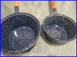 Vintage Blue Speckled Cast Iron Enamel Cookware Dutch Oven Skillet + 2 Saucepans