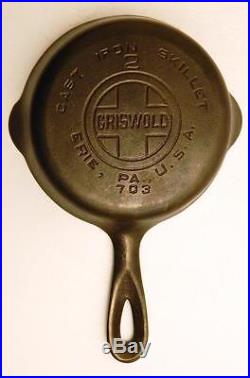 Vintage Cast Iron GRISWOLD NO. 2 SKILLET Large Block Logo 703 Cleaned & Ex
