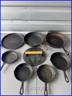 Vintage Cast Iron Skillet Lot 7 Pans + Grill Pan + Griddle Press Made in USA