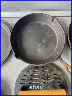 Vintage Cast Iron Skillet Lot 7 Pans + Grill Pan + Griddle Press Made in USA