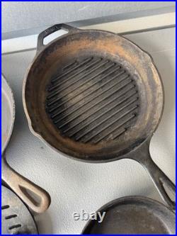 Vintage Cast Iron Skillet Lot 7 Pans + Grill Pan + Griddle Press Made in USA