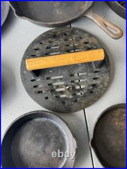 Vintage Cast Iron Skillet Lot 7 Pans + Grill Pan + Griddle Press Made in USA