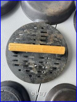 Vintage Cast Iron Skillet Lot 7 Pans + Grill Pan + Griddle Press Made in USA