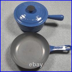 Vintage Le Creuset Enameled Cast Iron Pan Set Cobalt Blue Set of 2