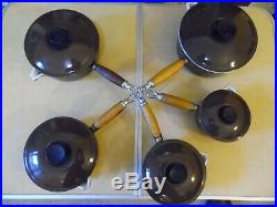 Vintage Le Creuset Set Of 5 Cast Iron Pans & Lids Brown With Wooden Stand