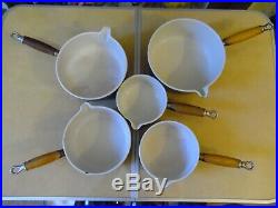 Vintage Le Creuset Set Of 5 Cast Iron Pans & Lids Brown With Wooden Stand