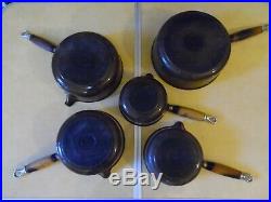 Vintage Le Creuset Set Of 5 Cast Iron Pans & Lids Brown With Wooden Stand
