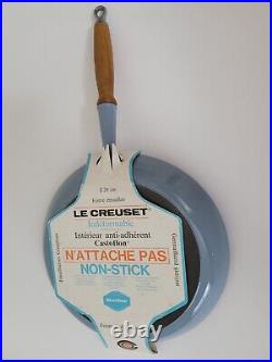 Vintage NOS Le Creuset 11.5 Blue Enamel Cast Iron Fry Pan Skillet Wood Handle