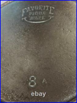 Vintage Rare Favorite Piqua Ware #8 A Cast Iron Skillet Frying Pan USA Lays Flat