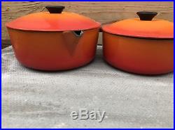 Vintage Set Of Five Le Creuset Volcanic Orange Cast Iron Saucepans With Lids