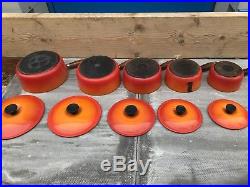 Vintage Set Of Five Le Creuset Volcanic Orange Cast Iron Saucepans With Lids