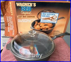 Vintage Wagner's 1891 Original Cast Iron 10 1/4 Chicken Fryer WithGlass Lid #1288