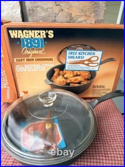 Vintage Wagner's 1891 Original Cast Iron 10 1/4 Chicken Fryer WithGlass Lid #1288
