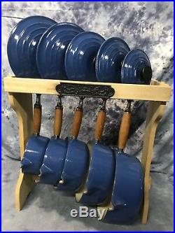 Vtg LE CREUSET 11-Pc Cast Iron Enamel Sauce Pans withWood STORAGE RACK ExCond