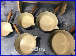 Vtg LE CREUSET 11-Pc Cast Iron Enamel Sauce Pans withWood STORAGE RACK ExCond