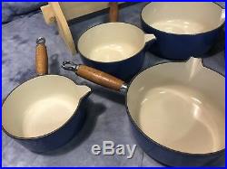 Vtg LE CREUSET 11-Pc Cast Iron Enamel Sauce Pans withWood STORAGE RACK ExCond