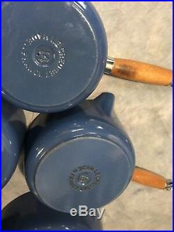 Vtg LE CREUSET 11-Pc Cast Iron Enamel Sauce Pans withWood STORAGE RACK ExCond