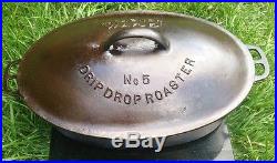 WAGNER WARE 1285 CAST IRON DRIP DROP OVAL ROASTER NO. 5 With Matching Lid Rare