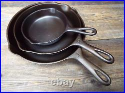 Wagner Stylized Logo 3 PC Cast Iron Skillet Set 10-1/2, 9, & 6-1/2, restored