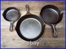 Wagner Stylized Logo 3 PC Cast Iron Skillet Set 10-1/2, 9, & 6-1/2, restored