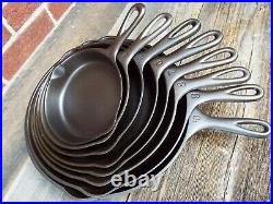 Wagner Stylized Logo Smooth Bottom 3 Thru 10 Cast Iron Skillet set, restored