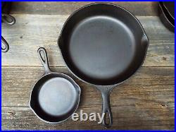 Wagner Stylized Logo Smooth Bottom 3 Thru 10 Cast Iron Skillet set, restored