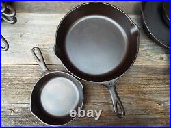 Wagner Stylized Logo Smooth Bottom 3 Thru 10 Cast Iron Skillet set, restored