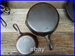 Wagner Stylized Logo Smooth Bottom 3 Thru 10 Cast Iron Skillet set, restored