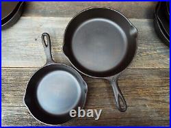 Wagner Stylized Logo Smooth Bottom 3 Thru 10 Cast Iron Skillet set, restored