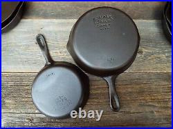 Wagner Stylized Logo Smooth Bottom 3 Thru 10 Cast Iron Skillet set, restored