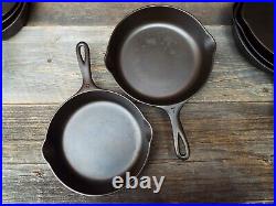 Wagner Stylized Logo Smooth Bottom 3 Thru 10 Cast Iron Skillet set, restored