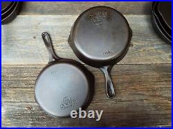 Wagner Stylized Logo Smooth Bottom 3 Thru 10 Cast Iron Skillet set, restored