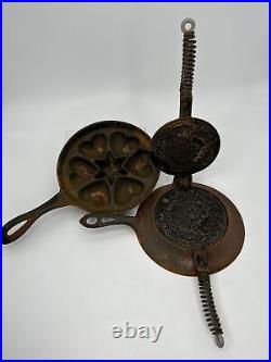 Wagner Wafer Iron 1450 Sidney O Pizzelle 3 Piece Cast Iron Pan Heart & Stars